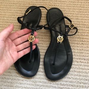 Tory Burch black leather logo strap sandals. 7